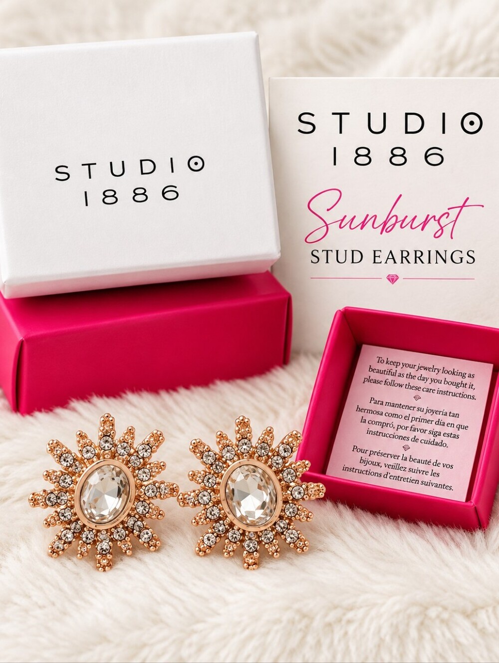 Studio 1886 Sunburst Crystal Stud Earrings Rose Gold NIB
